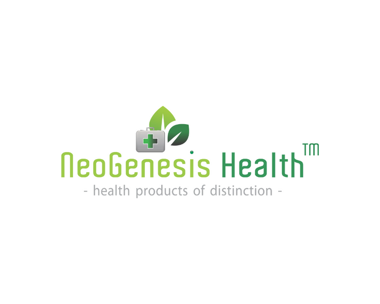 NeoGenesis Health logo with green leaf and medical kit icon, green wordmark, and tagline “health products of distinction” on white background.