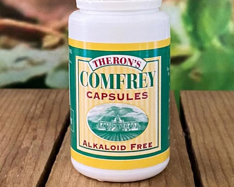 Theron’s Wonder Comfrey Capsules bottle labelled alkaloid free, natural herbal supplement for wellness – available at The Good Stuff