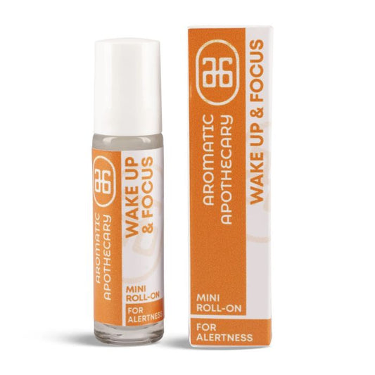 AROMATIC APOTHECARY Wake Up & Focus Mini Roll-On for alertness, an invigorating essential oil blend in a compact roller bottle.