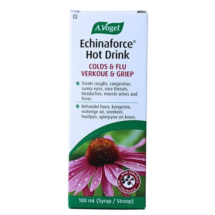 A.Vogel Echinaforce Hot Drink formulated to relieve cold and flu symptoms such as coughs, sore throats, congestion, and fever using echinacea and elderberry.

