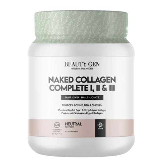 BEAUTY GEN Naked Collagen Complete I, II & III – collagen peptides for skin, hair, nails, joints and healthy ageing support.