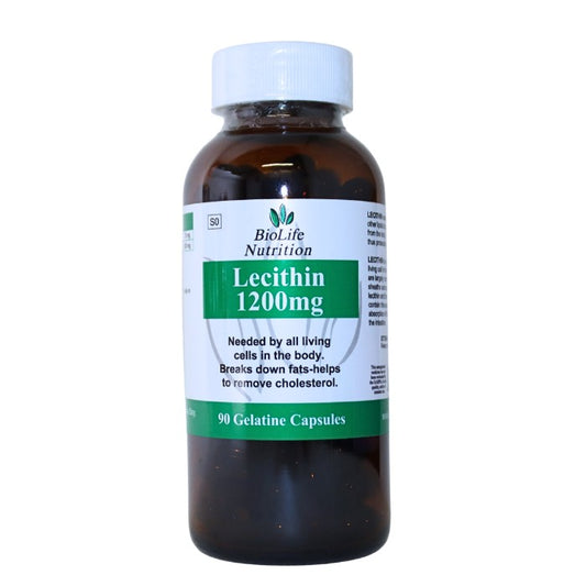 Alt tag: "BioLife Nutrition Lecithin 1200mg bottle containing 90 gelatine capsules for supporting cell health and breaking down fats to help remove cholesterol."
