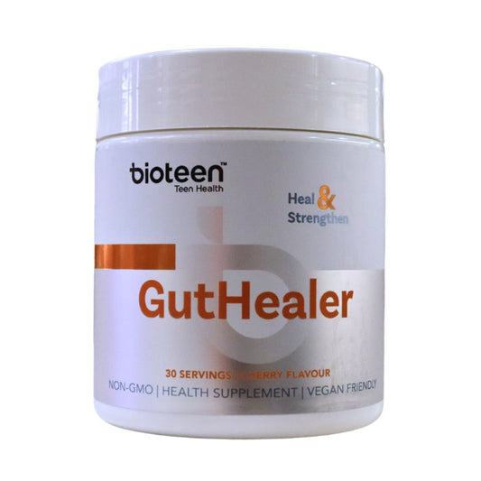Bioteen GutHealer cherry flavour supplement designed to heal and strengthen digestion, non-GMO, vegan-friendly teen health support.
