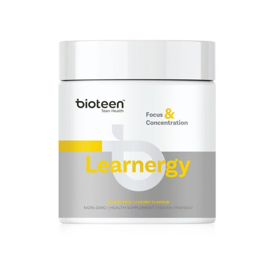 Bioteen Learnergy - Cherry-flavored supplement designed to support focus, concentration, and cognitive performance for teens.