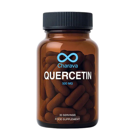 Alt tag: Charava Quercetin 500mg, 30 servings, a food supplement that supports immune health, antioxidant protection, and respiratory wellness.
