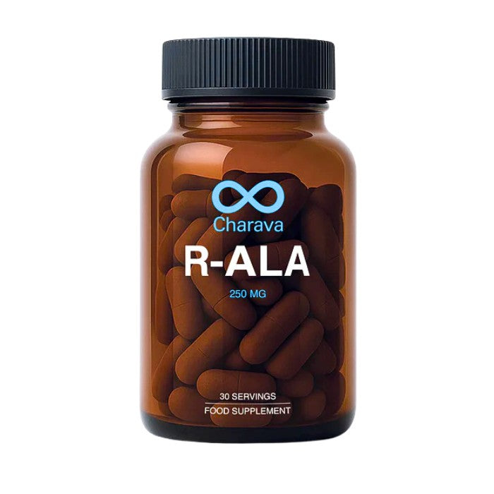 Alt tag: Charava R-ALA 250mg, 30 servings, a food supplement that supports antioxidant protection, energy production, and healthy metabolism.
