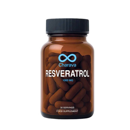 Alt tag: Charava Resveratrol 1000mg, 30 servings, a food supplement that supports heart health, healthy aging, antioxidant defense, and vitality.
