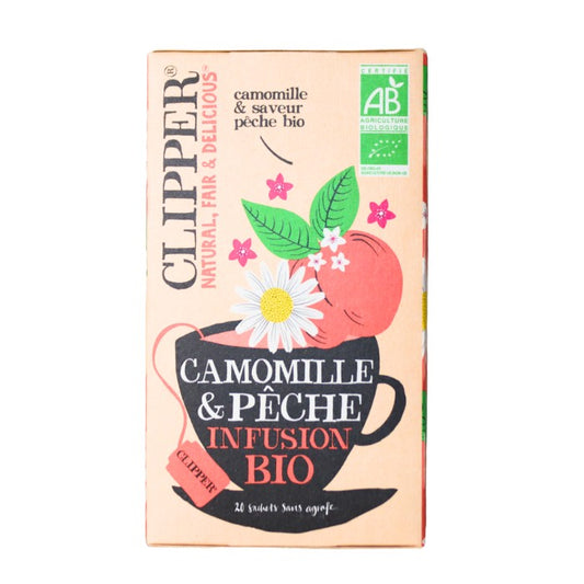 Alt tag: Clipper Camomille & Pêche Infusion Bio, an organic herbal tea blend with chamomile and peach to promote relaxation and calm.
