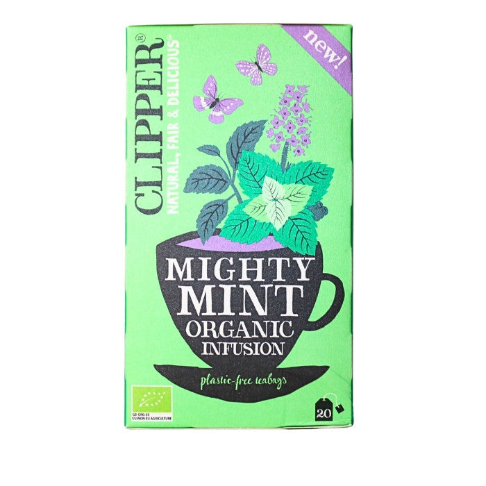 Alt tag: Clipper Mighty Mint Organic Infusion, a refreshing herbal tea made with organic mint leaves to support digestion, focus, and vitality.
