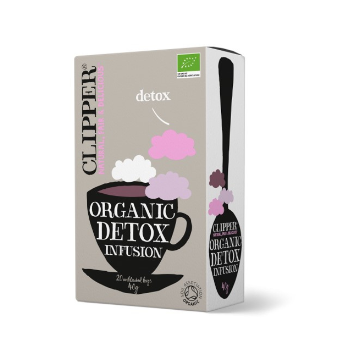 Clipper Organic Detox Tea with hibiscus, nettle, liquorice root and aloe vera, caffeine-free herbal support for gentle cleansing.