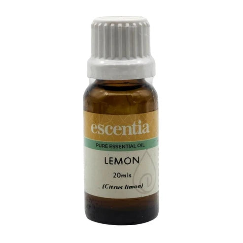Escentia Lemon Organic Essential Oil – A fresh, zesty oil known for its cleansing, energising, and antibacterial properties, 10ml bottle.