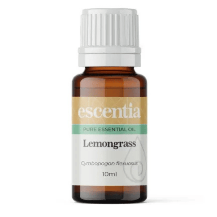 Escentia Lemongrass Essential Oil – A vibrant, citrus-scented oil with energising, antibacterial, and cleansing properties, 10ml bottle.