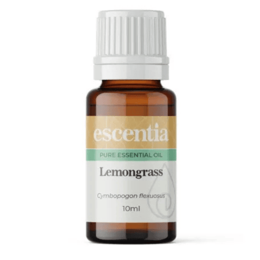 Escentia Lemongrass Essential Oil – A vibrant, citrus-scented oil with energising, antibacterial, and cleansing properties, 10ml bottle.