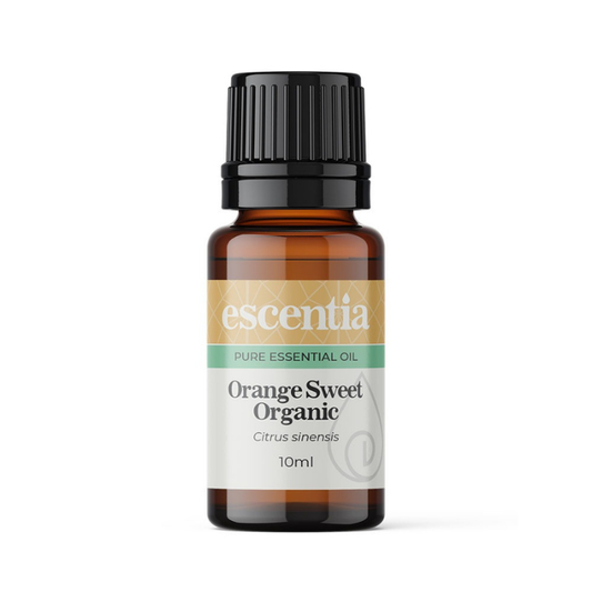 Escentia Sweet Orange Essential Oil in a 10ml amber glass bottle with a black cap, featuring pure sweet orange (Citrus sinensis) essential oil for aromatherapy, skincare, massage, and natural home fragrance.

