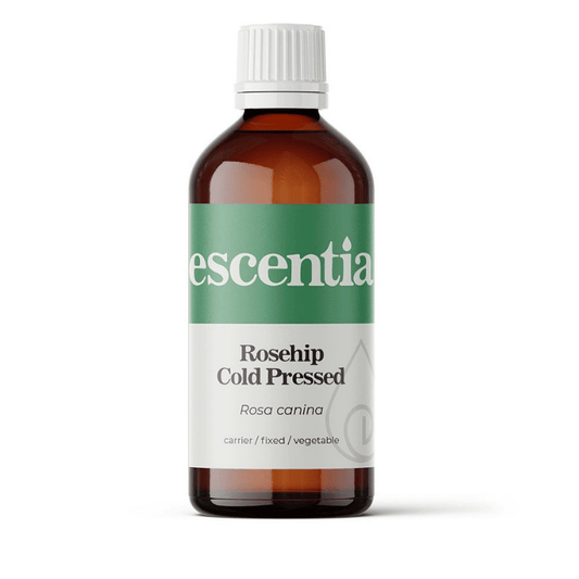 Escentia Rosehip Oil Cold Pressed, 100% pure and natural, nourishes skin, reduces scars, and promotes a radiant, healthy complexion.