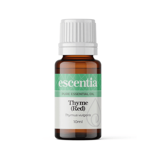 Escentia Thyme Red Essential Oil, 100% pure, promotes clear breathing, soothes muscles, enhances focus, and supports a healthy immune system.