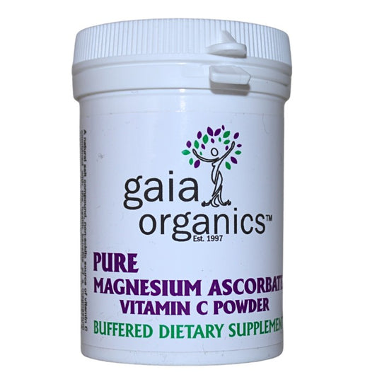 Alt tag: Gaia Organics Pure Magnesium Ascorbate Vitamin C Powder offers a buffered dietary supplement for immune support, antioxidant protection, and gentle digestion.

