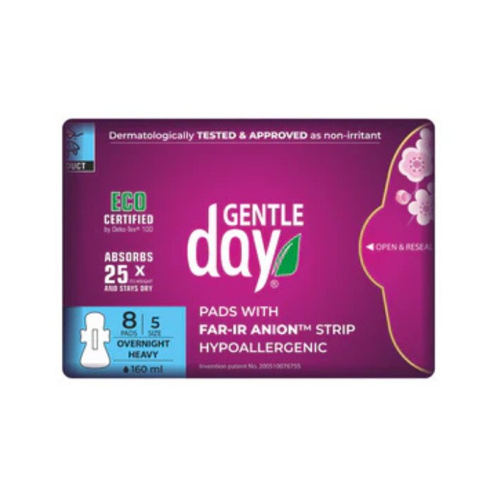 GENTLE DAY Pads Overnight Heavy – Hypoallergenic eco-certified pads with FAR-IR Anion™ strip for odour control, comfort, and high absorbency.