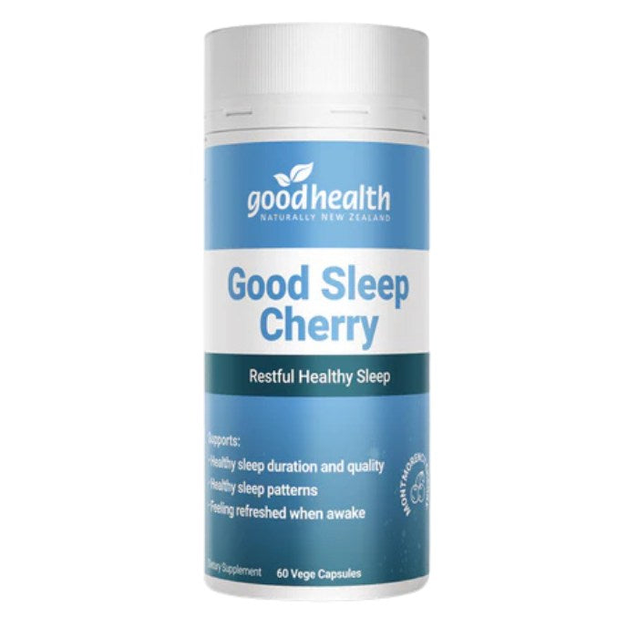 Good Health Good Sleep Cherry supplement bottle, natural sleep support capsules promoting restful sleep, relaxation and recovery
