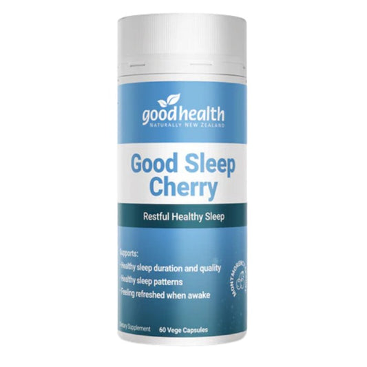Good Health Good Sleep Cherry supplement bottle, natural sleep support capsules promoting restful sleep, relaxation and recovery

