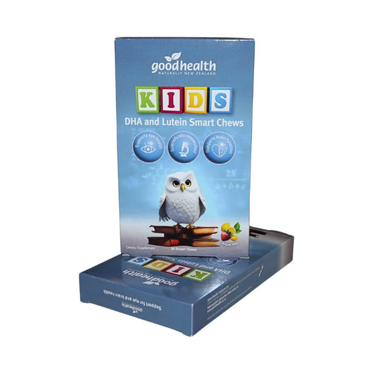 Goodhealth Kids DHA and Lutein Smart Chews support children's eye health, brain development, focus, and learning in a chewable form.
