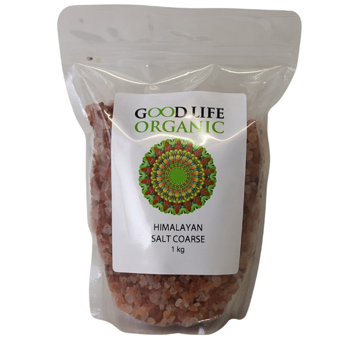 Good Life Organic Himalayan Crystal Salt is a mineral-rich pink salt sourced from ancient sea beds, ideal for seasoning and natural wellness uses.
