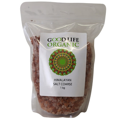 Good Life Organic Himalayan Crystal Salt is a mineral-rich pink salt sourced from ancient sea beds, ideal for seasoning and natural wellness uses.
