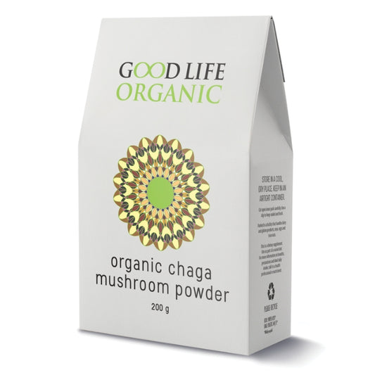 Good Life Organic Chaga Mushroom Powder, 200g, premium organic superfood for health and wellness benefits.