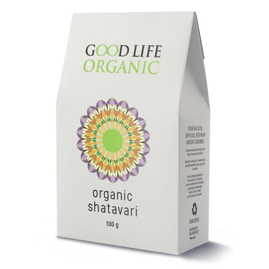 Good Life Organic Shatavari Powder, 100g, natural supplement in eco-friendly packaging, supporting hormonal and reproductive health.