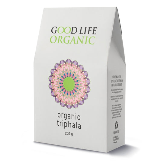Good Life Organic Triphala Powder, 200g, eco-friendly packaging, natural herbal supplement for digestive health and wellness.