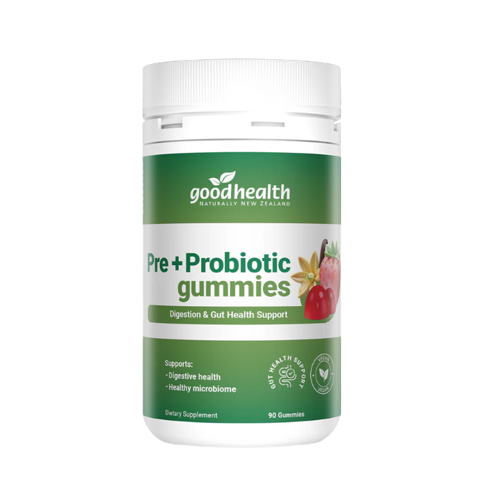 GOOD HEALTH Pre + Probiotic Gummies support gut health and digestion with clean ingredients in a tasty strawberry vanilla flavour.