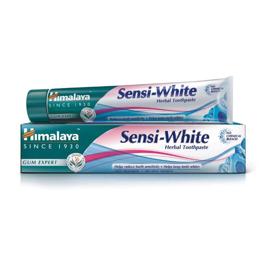 Himalaya Sensi-White Herbal Toothpaste, gum expert formula, reduces tooth sensitivity and keeps teeth whiter, no chemical bleach.