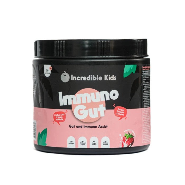 Incredible Kids ImmunoGut supports children's gut microbiome, immune defences and nutrition with vitamins, minerals and nutrients.

