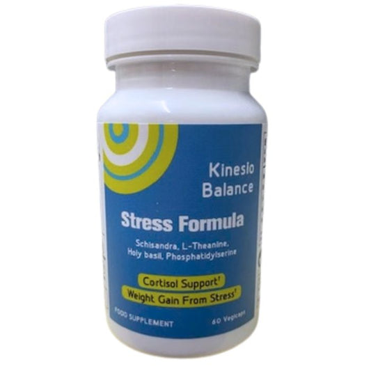 KINESIO Stress Formula with Schisandra, L-Theanine, Holy Basil and Phosphatidylserine for stress management and cortisol support.