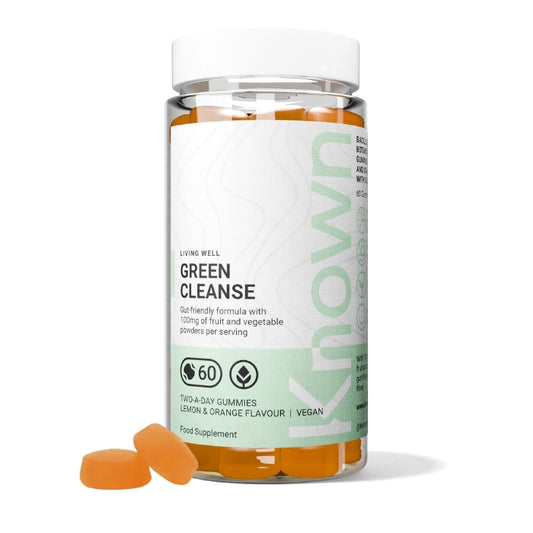 KNOWN Green Cleanse Gummies with fruit and vegetable powders, supporting gut health, detox, and digestion in a lemon and orange flavour – 60 vegan gummies.