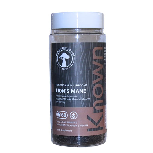 Known Lion's Mane Mushroom Gummies – 60 vegan blueberry gummies to support focus, memory, and cognitive clarity with 1000mg per serving.
