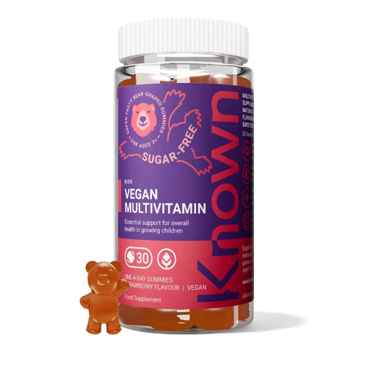 KNOWN Vegan Multivitamin Gummies for kids, sugar-free and strawberry-flavoured, providing essential daily nutrients for children's growth – 30 bear-shaped gummies.