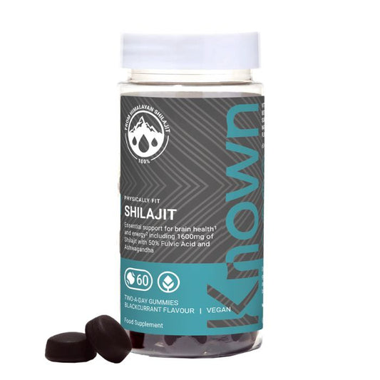 KNOWN Shilajit Gummies in a blackcurrant flavour, featuring Himalayan Shilajit, Fulvic Acid, and Ashwagandha for brain health, energy, and vitality – 60 vegan gummies.