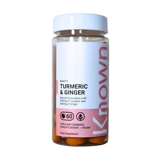Alt text: Known Turmeric & Ginger gummies with 990mg turmeric and 500mg ginger per serving, vegan-friendly, peach flavoured, supporting wellness and inflammation reduction.
