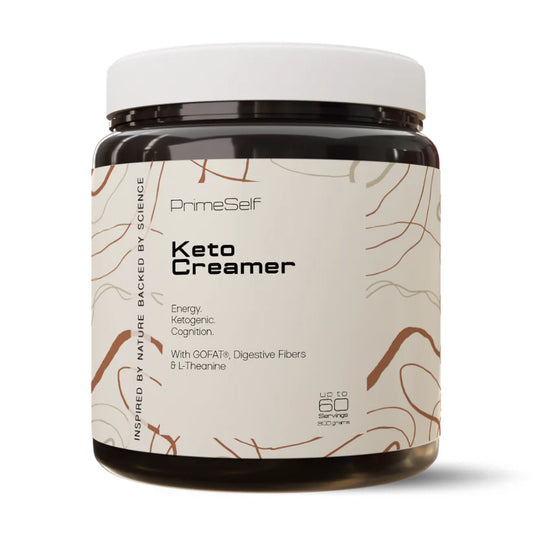 PrimeSelf Keto Creamer supplement powder for energy, ketogenic support, and cognitive performance with GOFAT digestive fibers and L-Theanine
