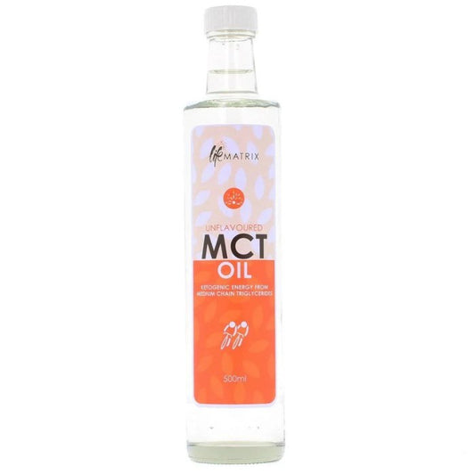 Life Matrix MCT Oil 500ml – unflavoured ketogenic energy source rich in medium chain triglycerides in a clear glass bottle