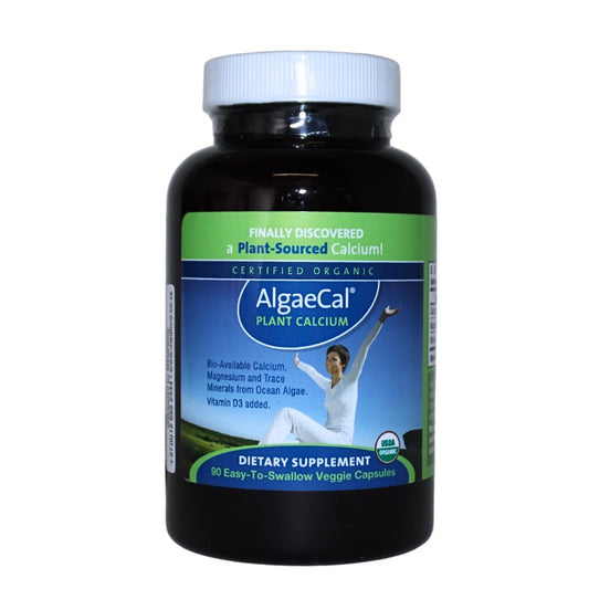 AlgaeCal Plant Calcium, a certified organic supplement providing plant-sourced calcium, magnesium, and trace minerals from ocean algae with added vitamin D3.
