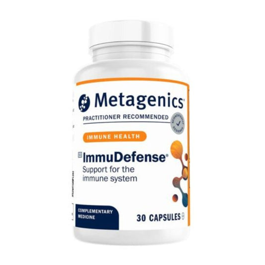 METAGENICS ImmuDefense supplement bottle, formulated to support and strengthen the immune system using scientifically designed ingredients
