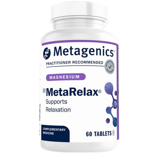 METAGENICS MetaRelax supplement bottle, magnesium formula designed to support relaxation, reduce stress and promote calmness naturally
