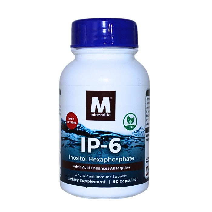 Alt tag: IP-6 Inositol Hexaphosphate by Mineralife, a natural vegan supplement that supports antioxidant activity and boosts immune system function.
