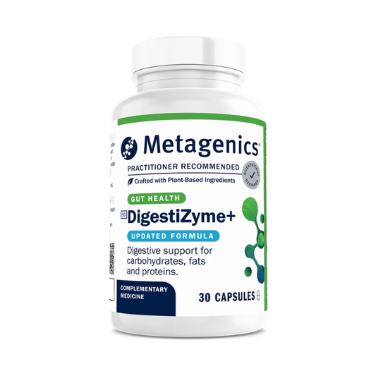 Metagenics DigestiZyme+ digestive enzyme complex to support nutrient absorption, gut health and healthy digestion of meals.