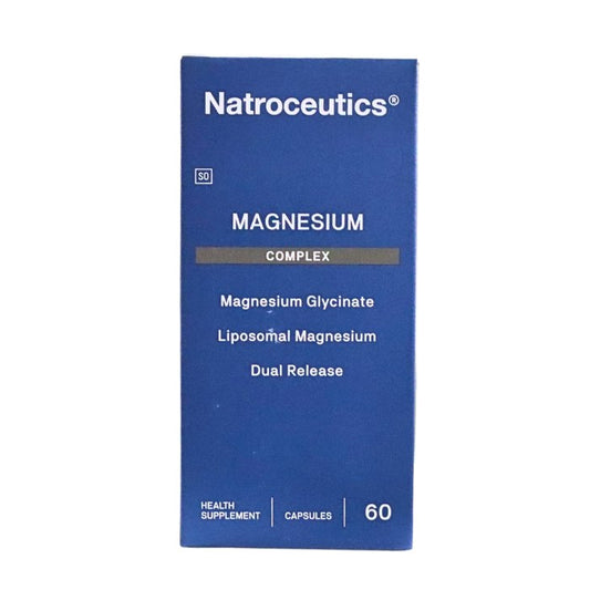 Natroceutics Magnesium Complex supplement featuring Magnesium Glycinate and Liposomal Magnesium with advanced dual release formula.
