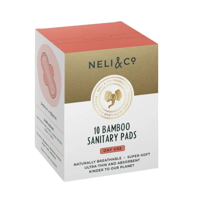 NELI & CO Bamboo Sanitary Pads with soft bamboo-based materials, fragrance-free comfort and absorbent Day, Night and Liner protection.