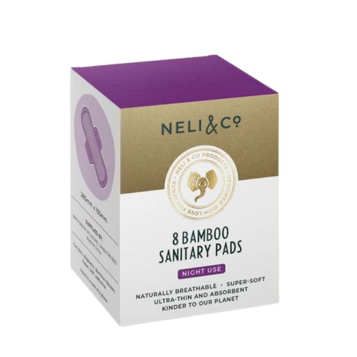 NELI & CO Bamboo Sanitary Pads with soft bamboo-based materials, fragrance-free comfort and absorbent Day, Night and Liner protection.