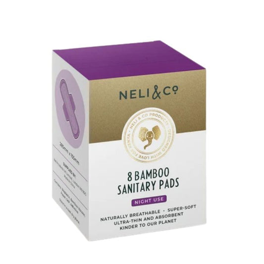 NELI & CO Bamboo Sanitary Pads with soft bamboo-based materials, fragrance-free comfort and absorbent Day, Night and Liner protection.